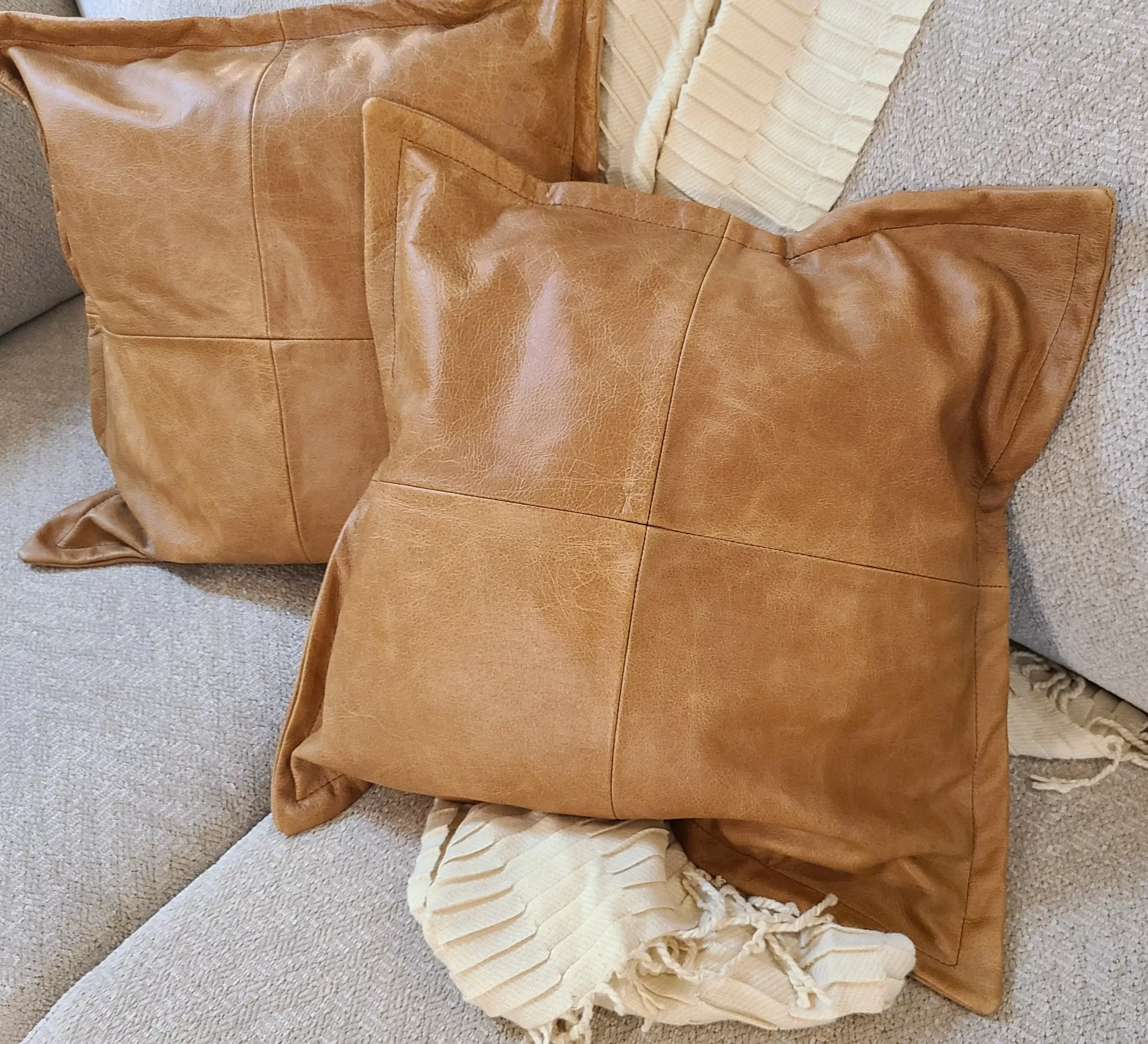 100% Lambskin Leather Caramel Brown Throw Pillow Cover - 16 x 16