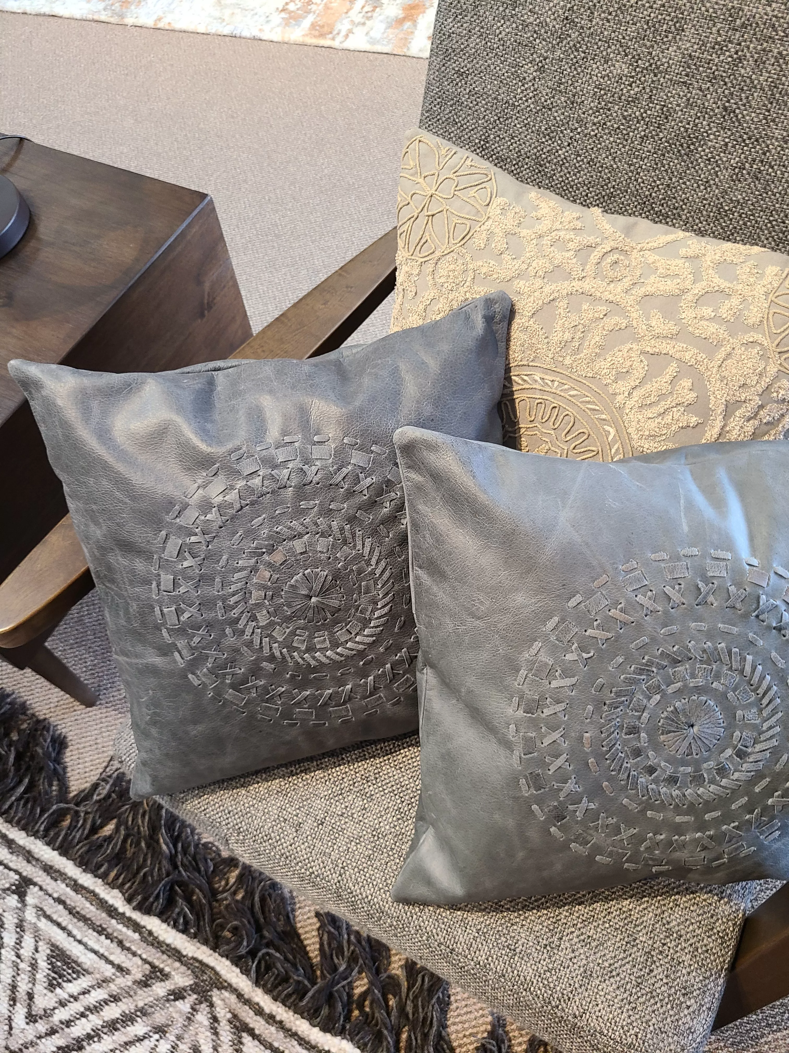 100% Leather Blue Grey Mandala Throw Pillow Cover - 18 x 18