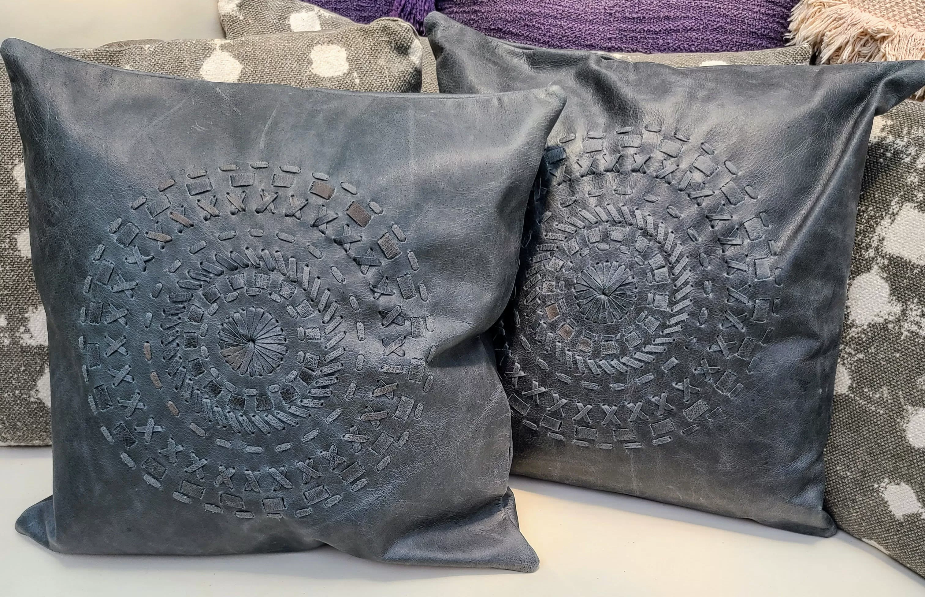 100% Leather Blue Grey Mandala Throw Pillow Cover - 18 x 18