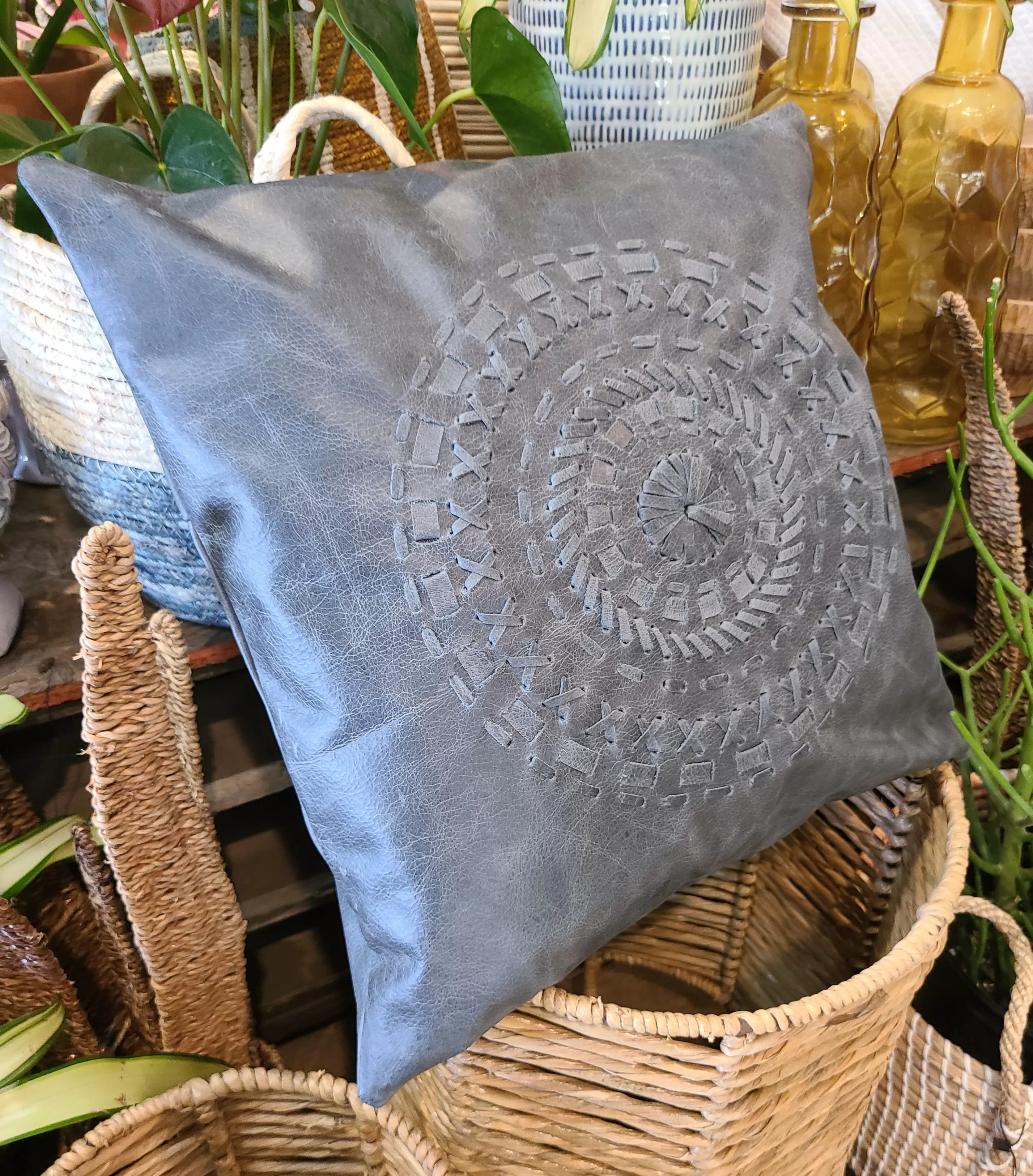 100% Leather Blue Grey Mandala Throw Pillow Cover - 18 x 18