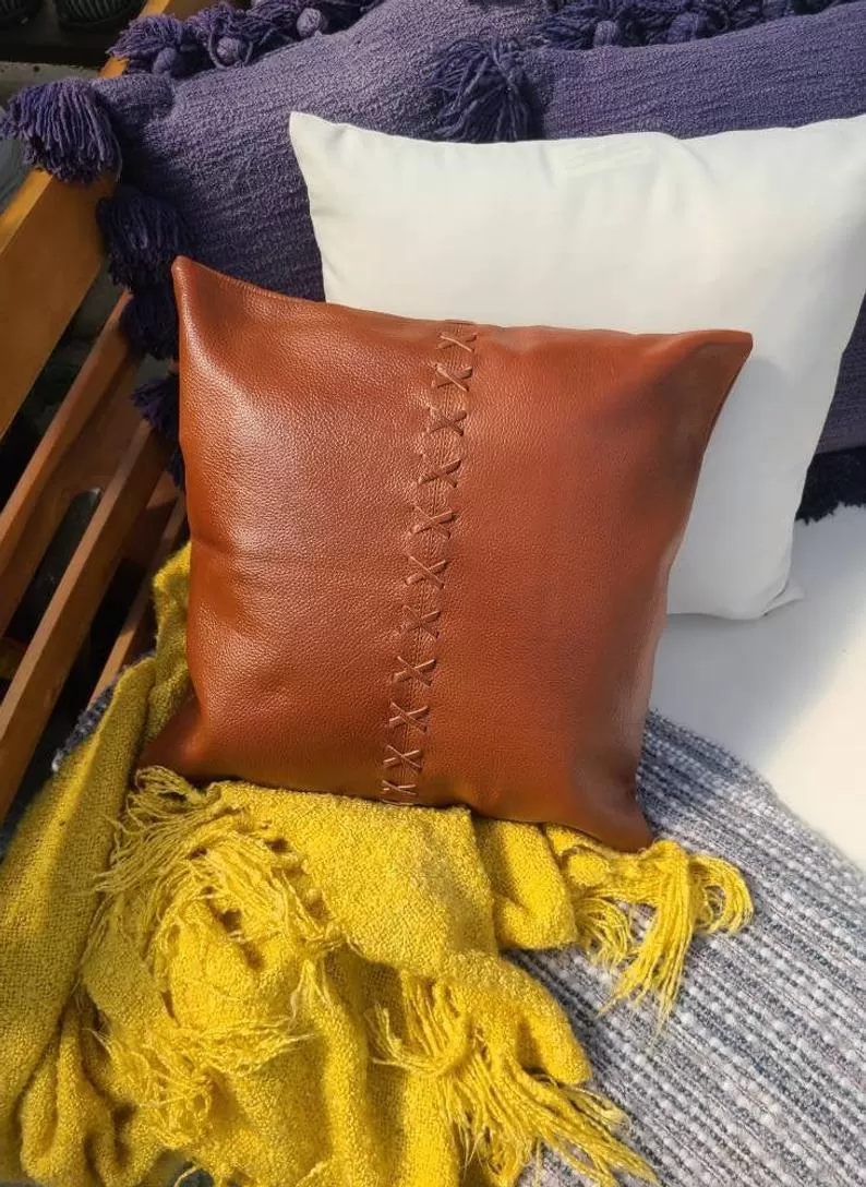 100% Leather Burnt Orange Throw Pillow Cover - 16 x 16