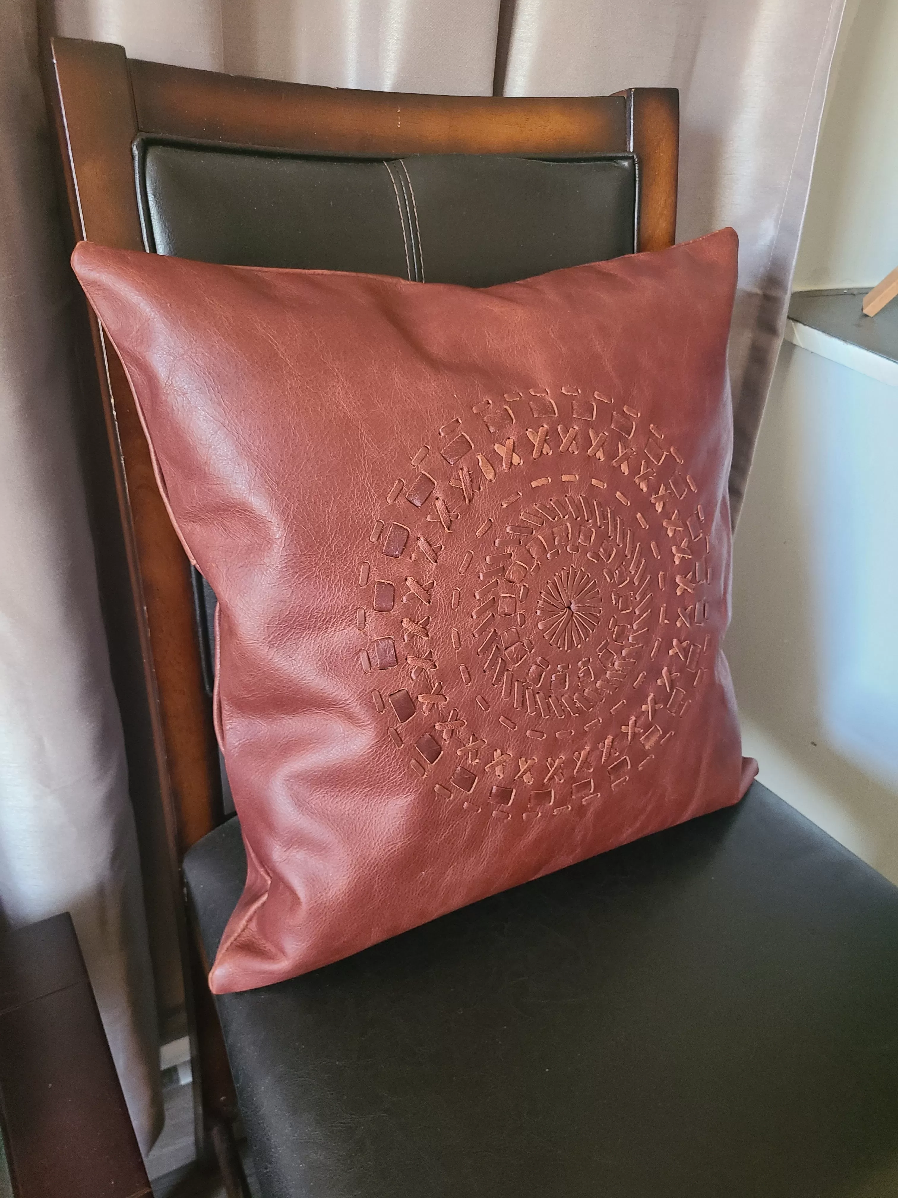 100% Leather Cognac Red Mandala Throw Pillow Cover - 18 x 18