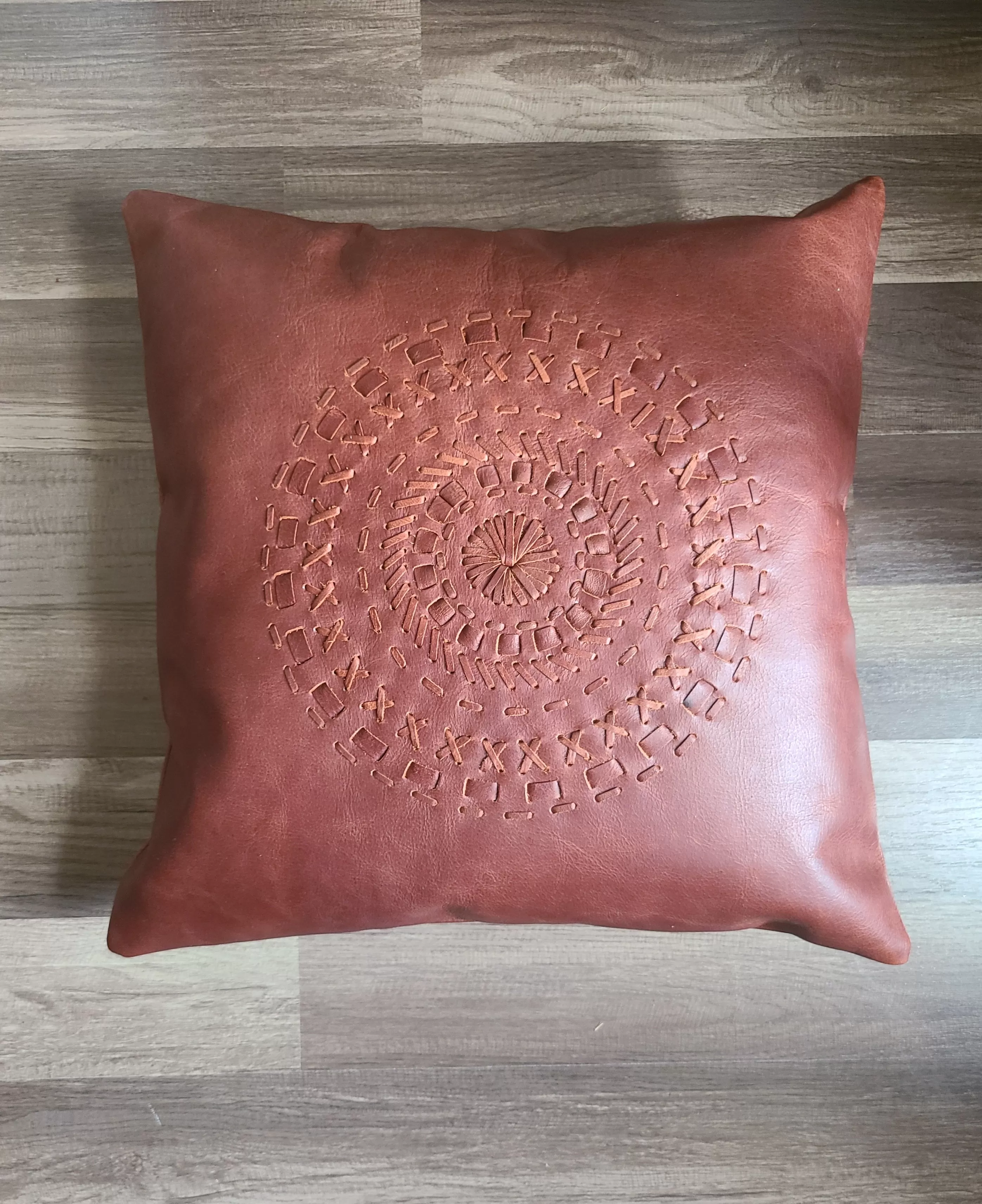 100% Leather Cognac Red Mandala Throw Pillow Cover - 18 x 18