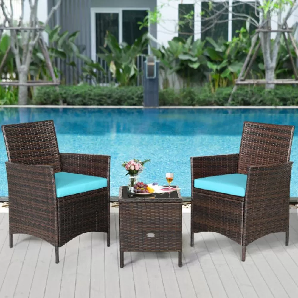 3 Pieces Patio Rattan Furniture Set Cushioned Sofa and Glass Tabletop Deck-White