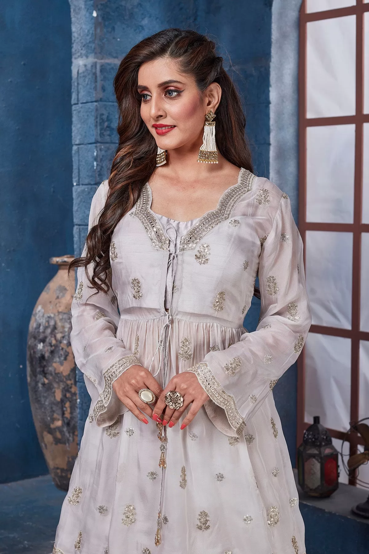 300538-A Blue Embroidered Kurta with Skirt and Dupatta