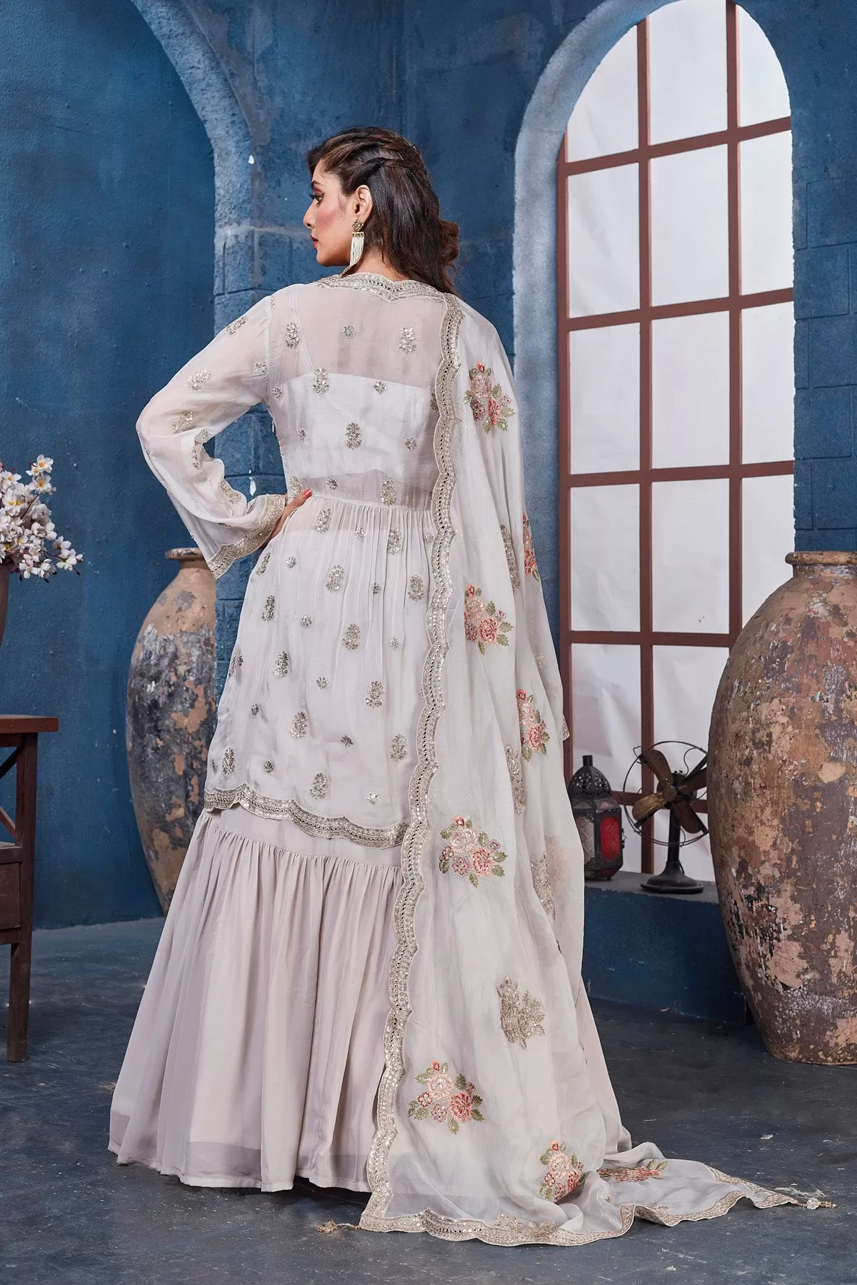 300538-A Blue Embroidered Kurta with Skirt and Dupatta