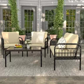 4 Pieces Outdoor Wicker Conversation Bistro Set with Soft Cushions and Tempered Glass Coffee Table-Beige