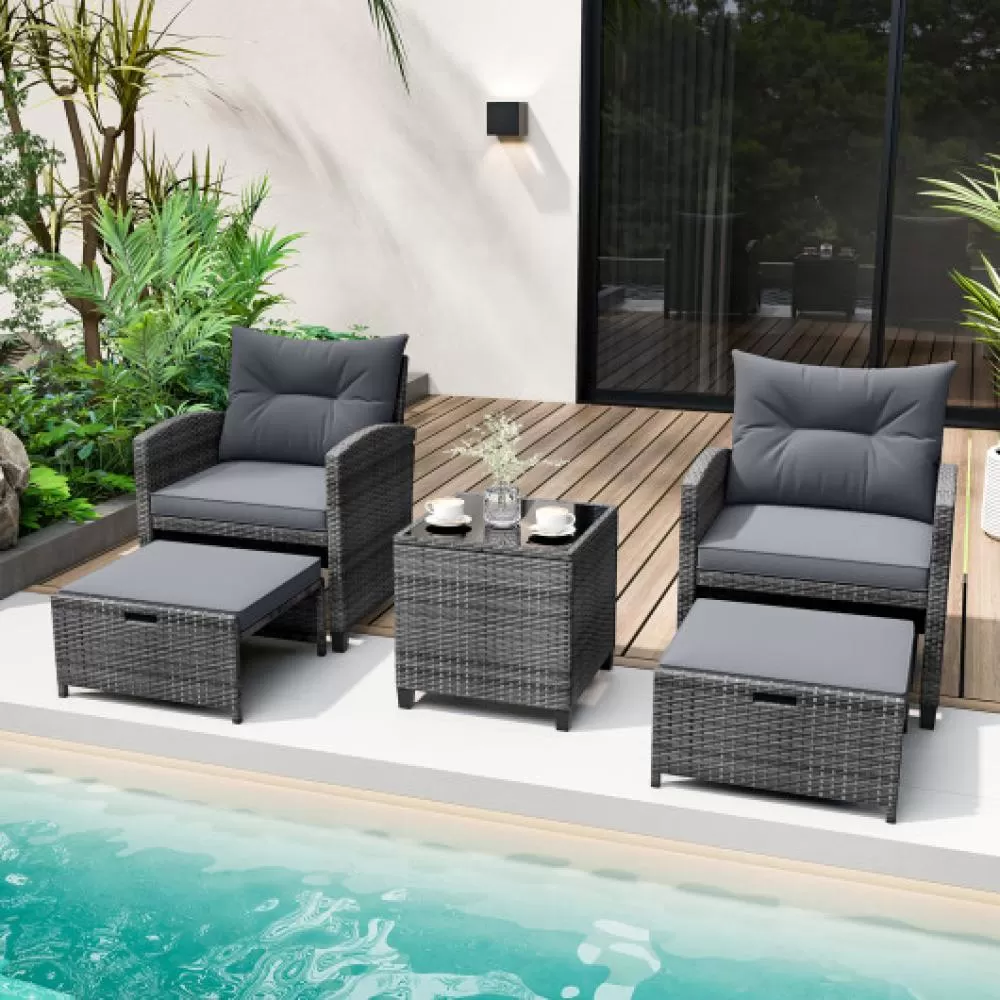 5 Piece Patio Rattan Furniture with 2 Ottomans and Tempered Glass Coffee Table-Navy