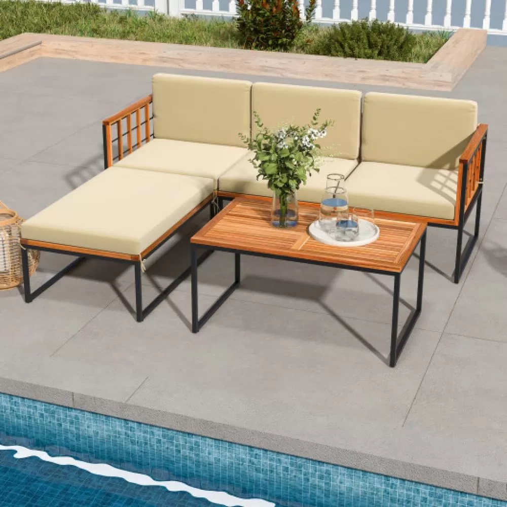 5 Pieces Patio Furniture Set Acacia Wood Sectional Set with Heavy-Duty Metal Frame-Beige