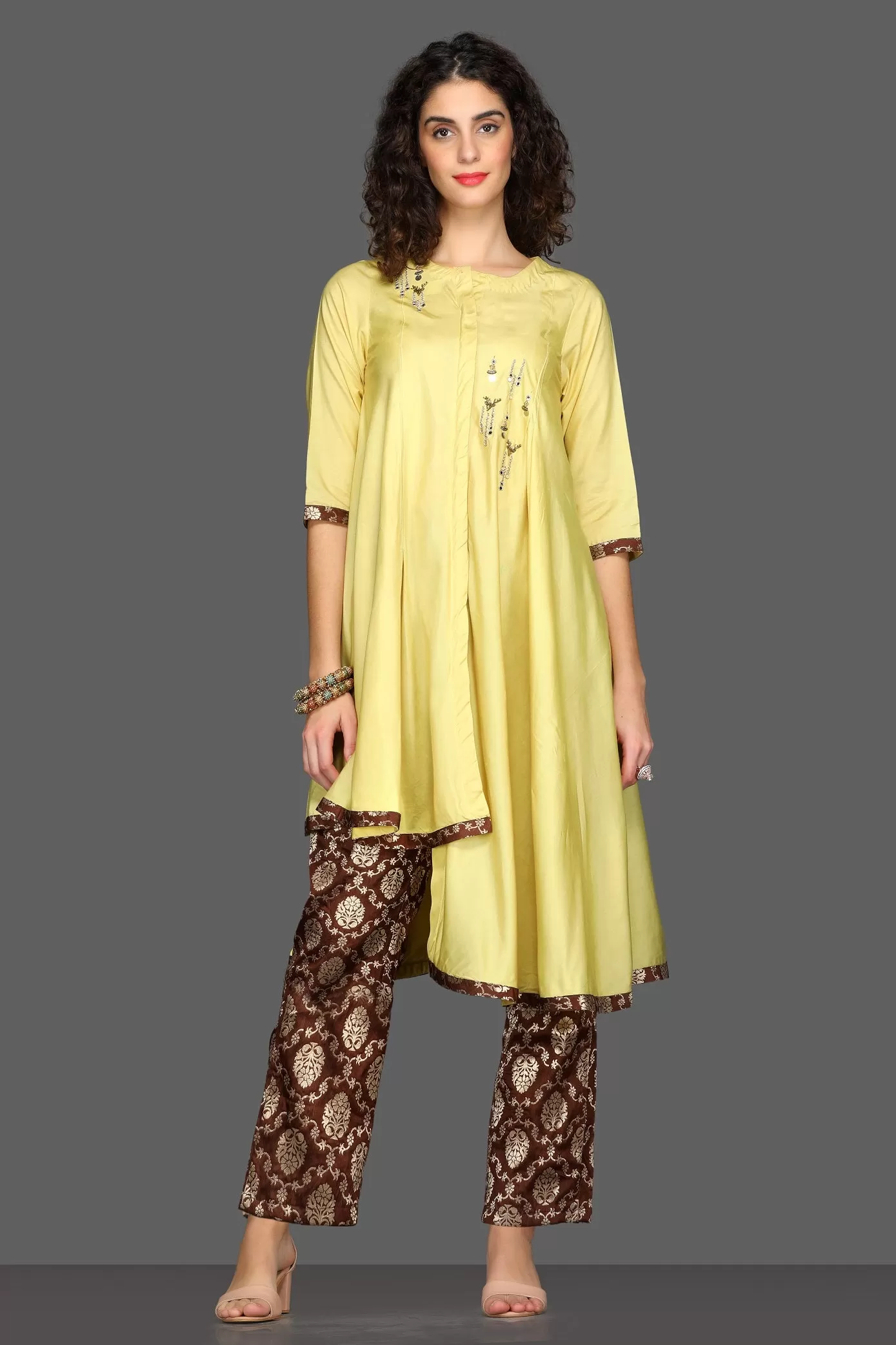 50Z096-RO Yellow Embroidered Asymmetric Kurta with Brown Pants