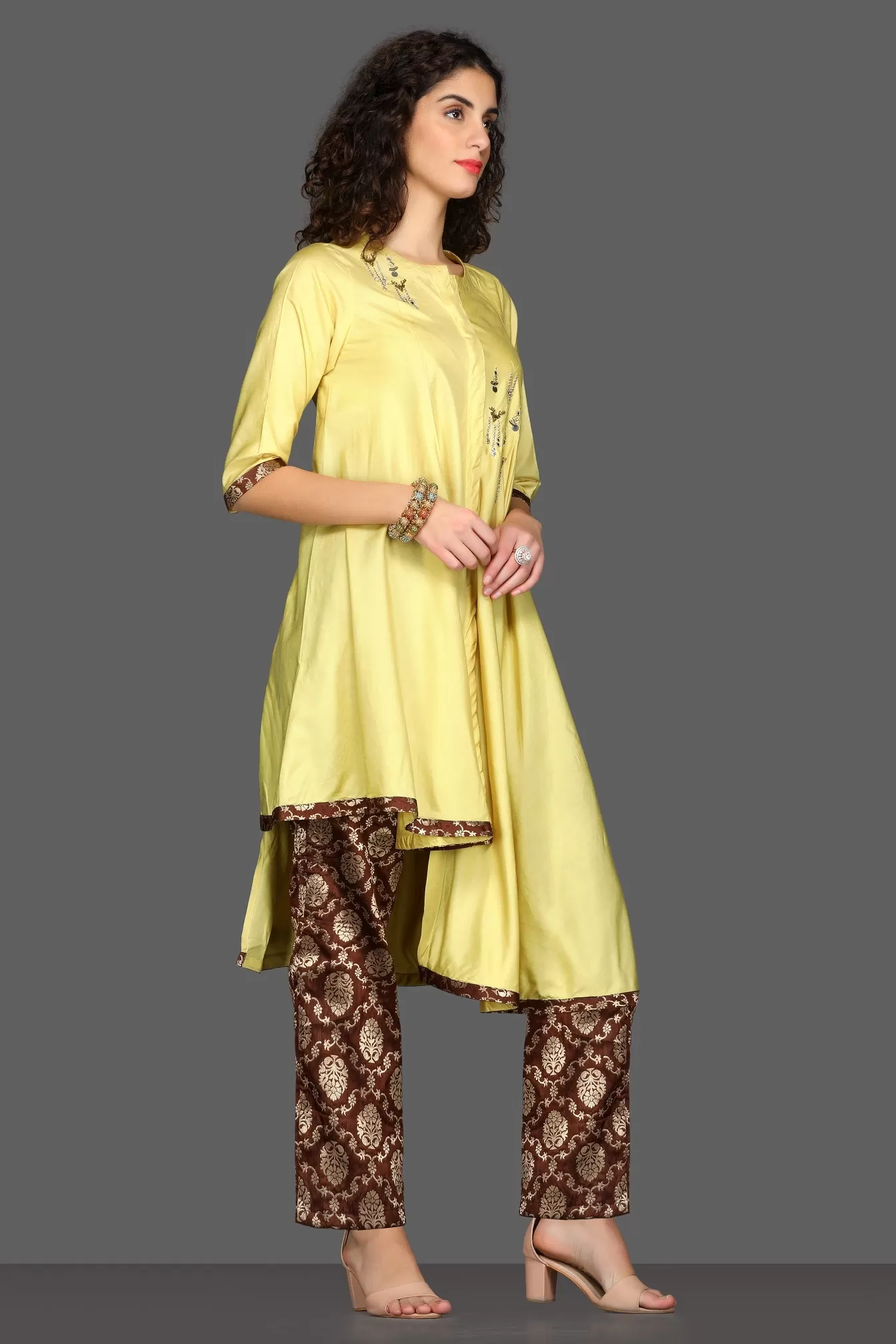 50Z096-RO Yellow Embroidered Asymmetric Kurta with Brown Pants