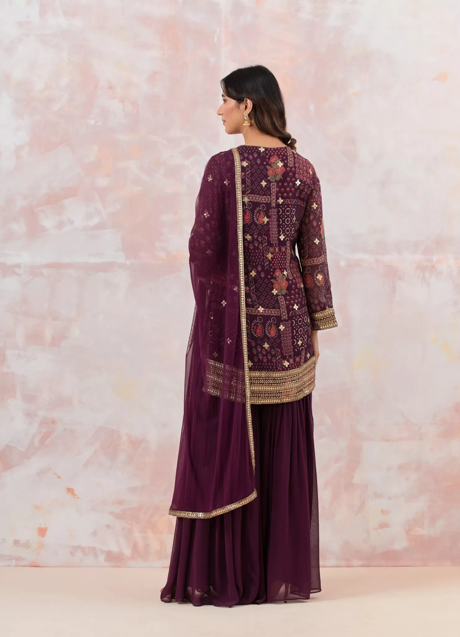 50Z866-RO Wine Stylish Embroidered Sharara Suit Set