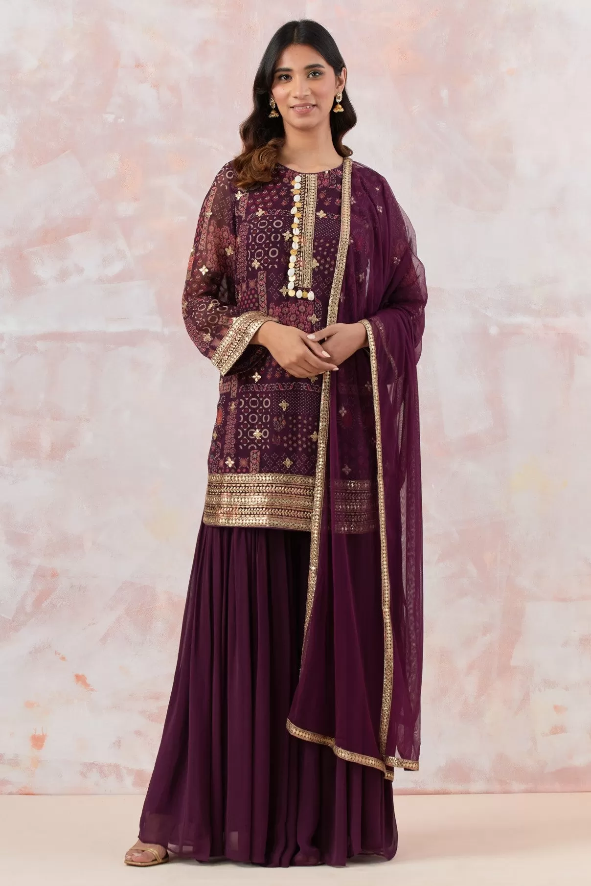 50Z866-RO Wine Stylish Embroidered Sharara Suit Set