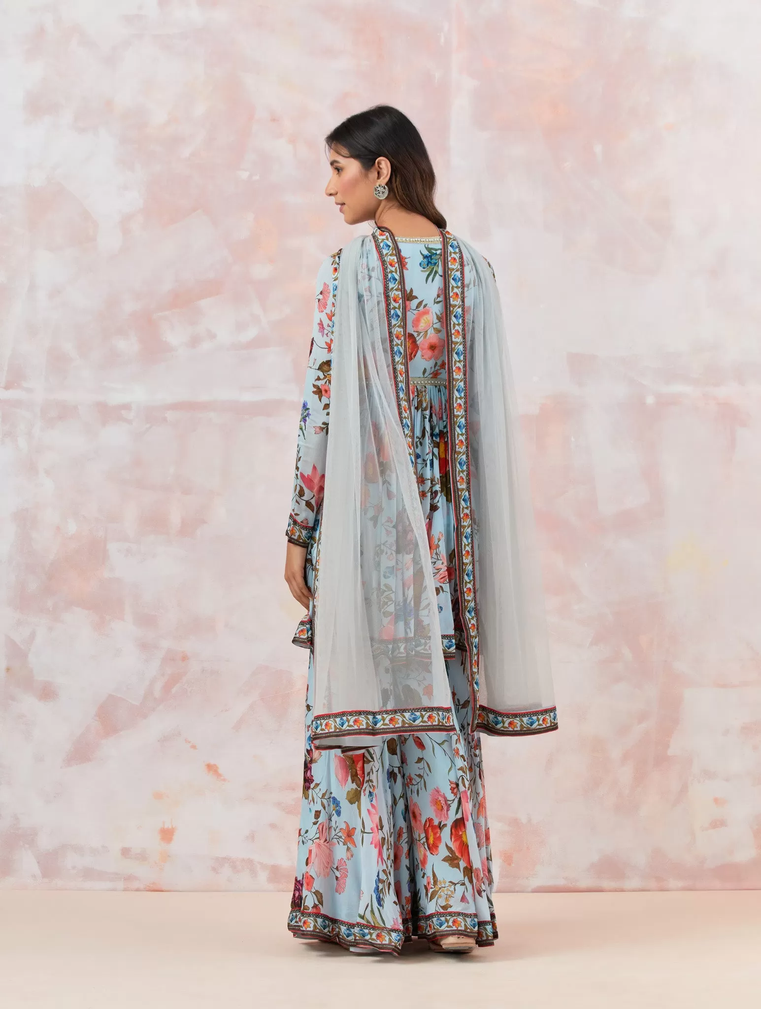 50Z873-RO lce Blue Floral Silk Sharara Suit Set