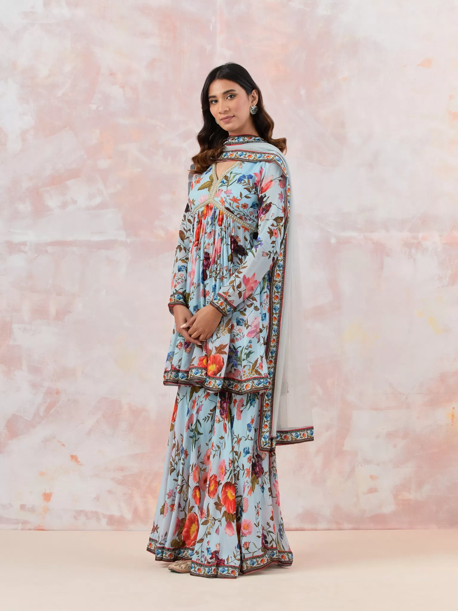 50Z873-RO lce Blue Floral Silk Sharara Suit Set