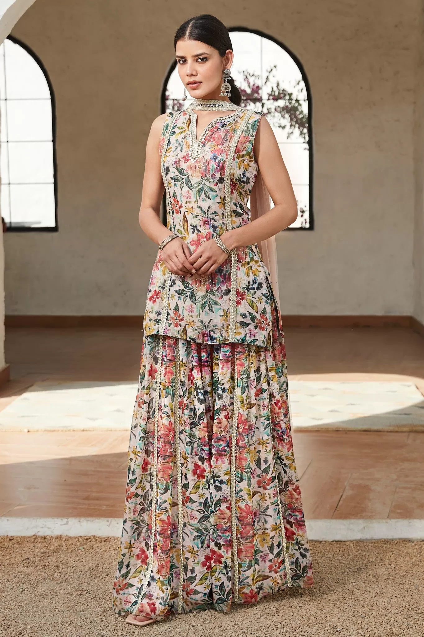 50Z902-RO Peach Floral Embroidered Sharara Set