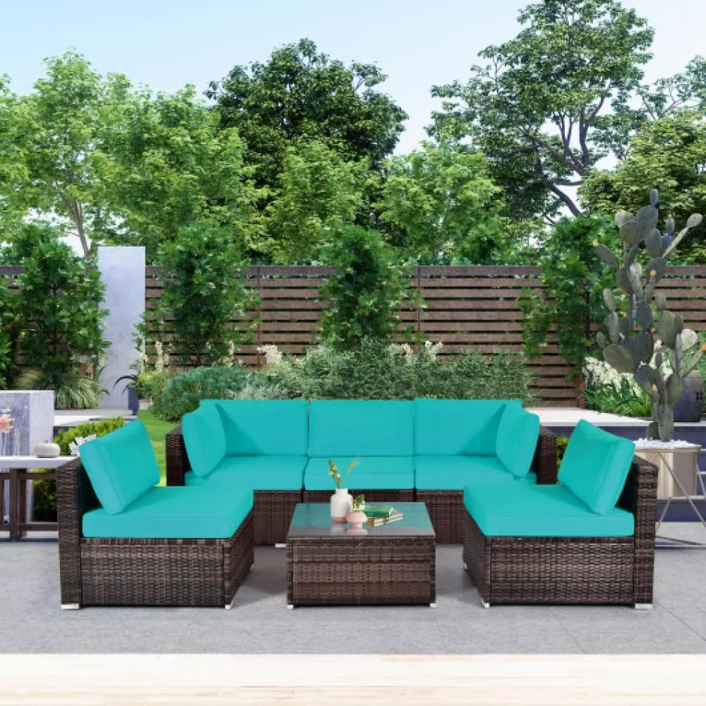 6 Pieces Patio Rattan Furniture Set with Cushions and Glass Coffee Table-Turquoise