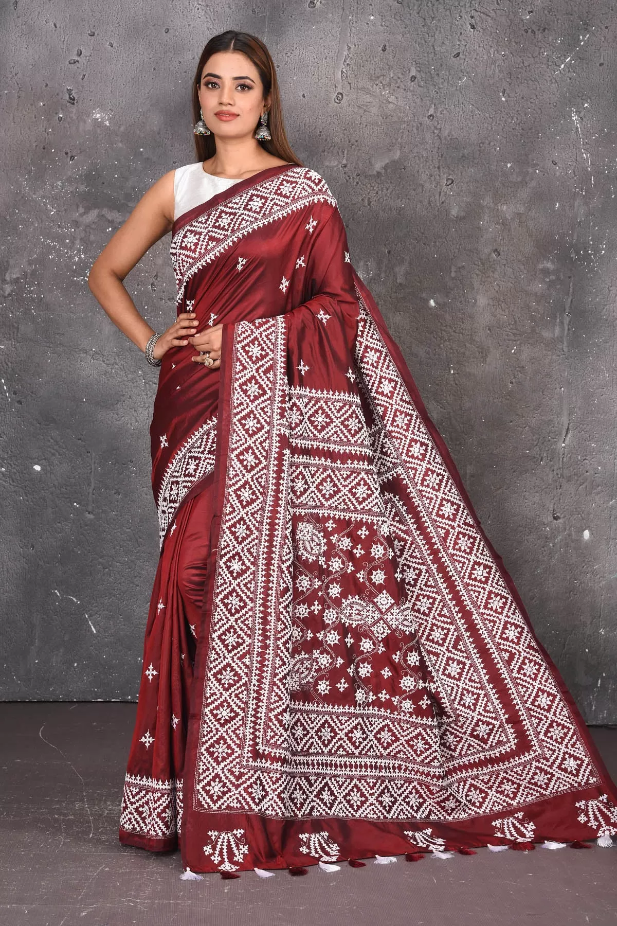 90N224 Maroon Pure Bangalore Silk Saree with White Gujarati Stitch Work