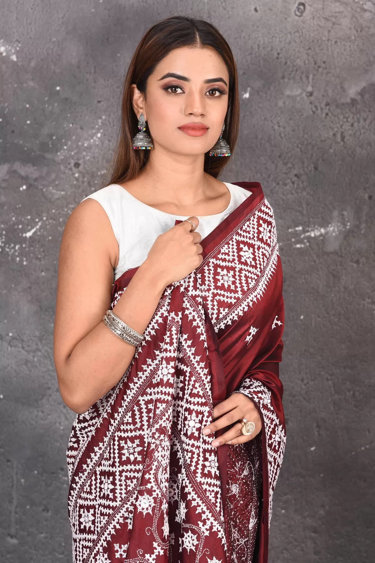 90N224 Maroon Pure Bangalore Silk Saree with White Gujarati Stitch Work