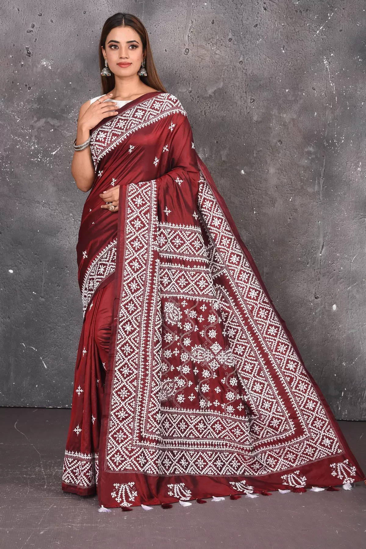 90N224 Maroon Pure Bangalore Silk Saree with White Gujarati Stitch Work