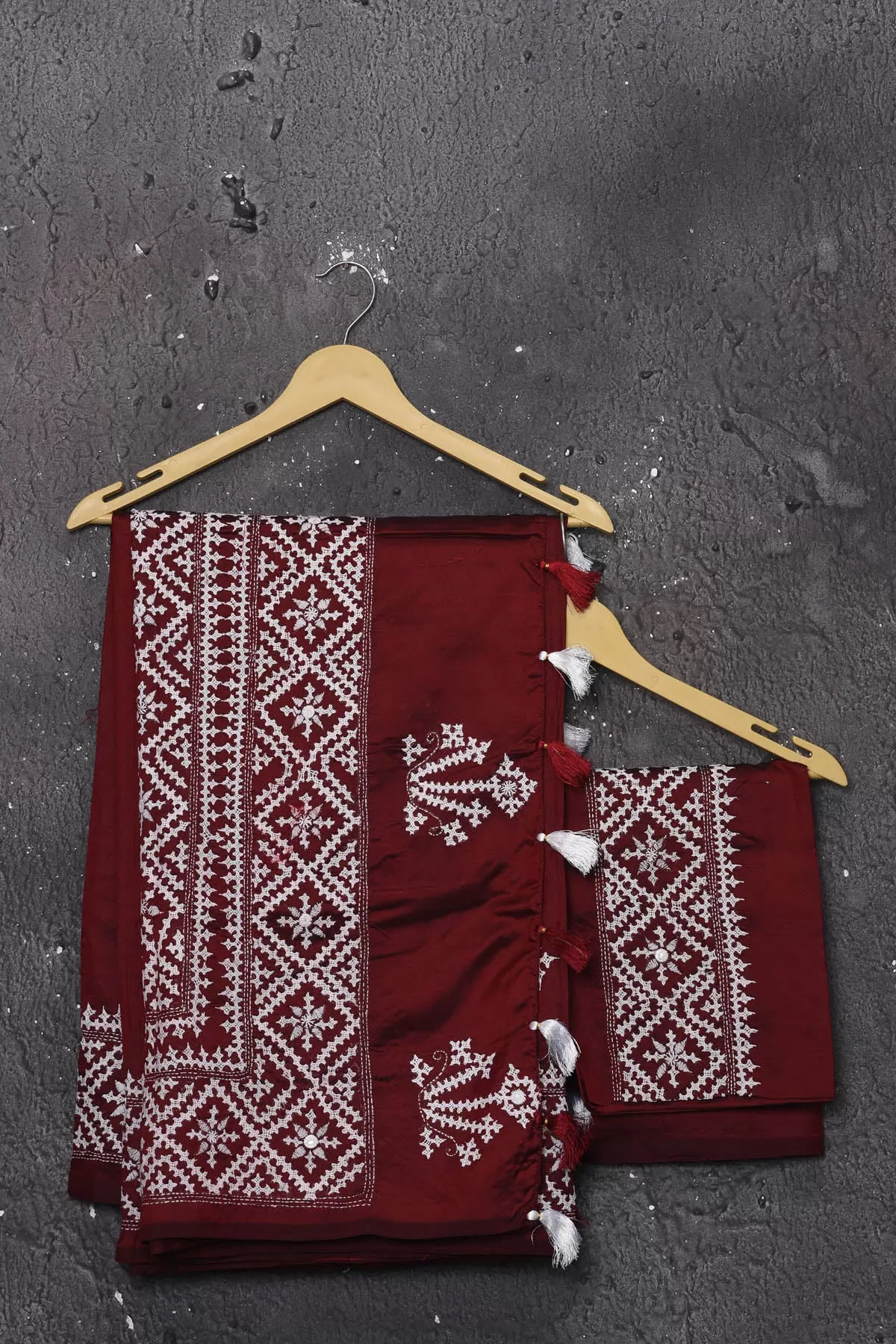 90N224 Maroon Pure Bangalore Silk Saree with White Gujarati Stitch Work