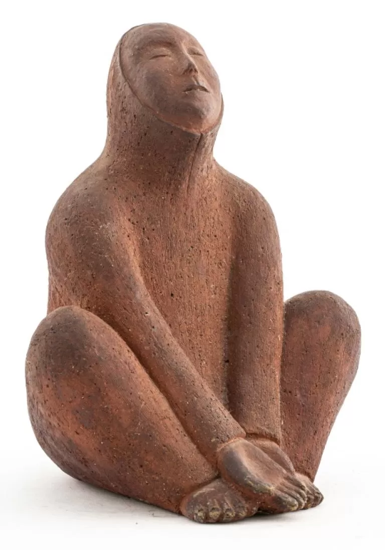 Abstract Red Clay Sculpture Of A Seated Figure