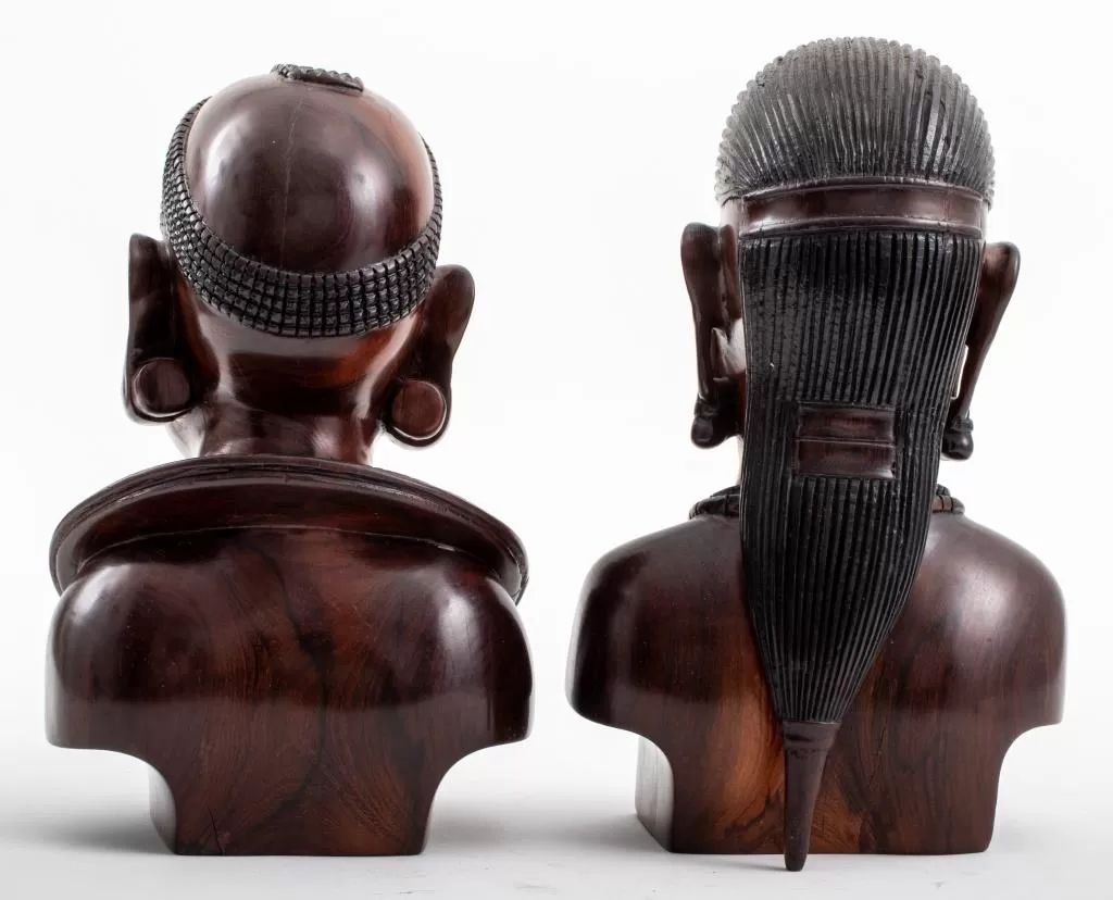 African Ndaka Hardwood Carved Busts, Pair