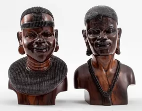 African Ndaka Hardwood Carved Busts, Pair