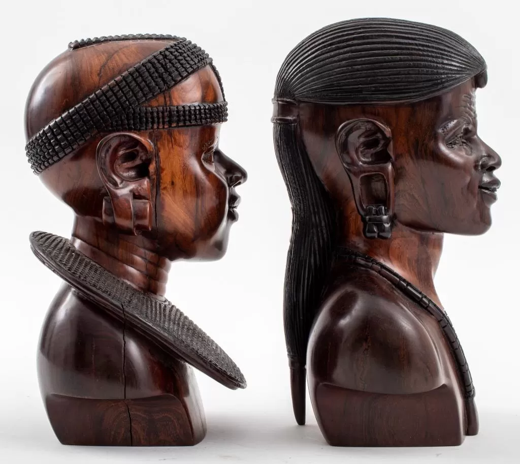 African Ndaka Hardwood Carved Busts, Pair