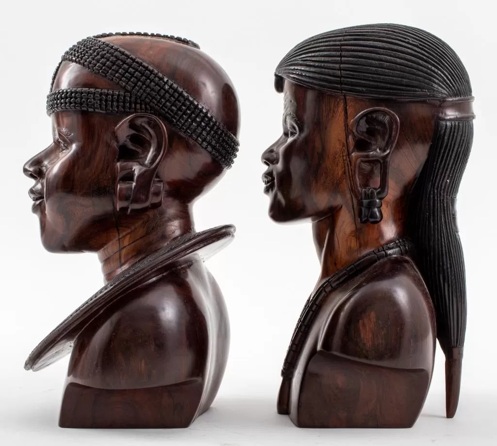 African Ndaka Hardwood Carved Busts, Pair