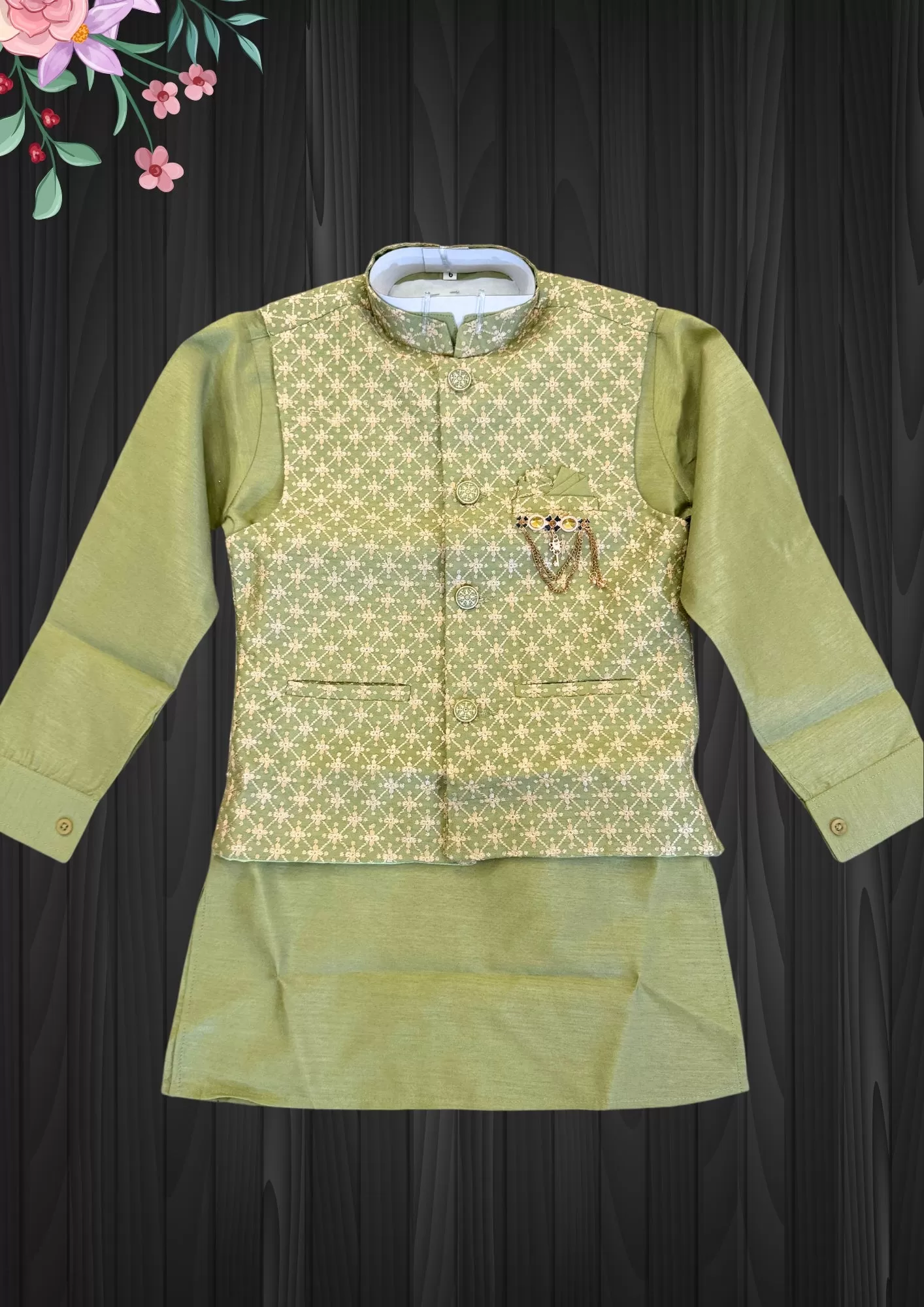 Alluring Light Green Color Silk Cotton Kid's Kurta With Embroidery Jacket And Pant