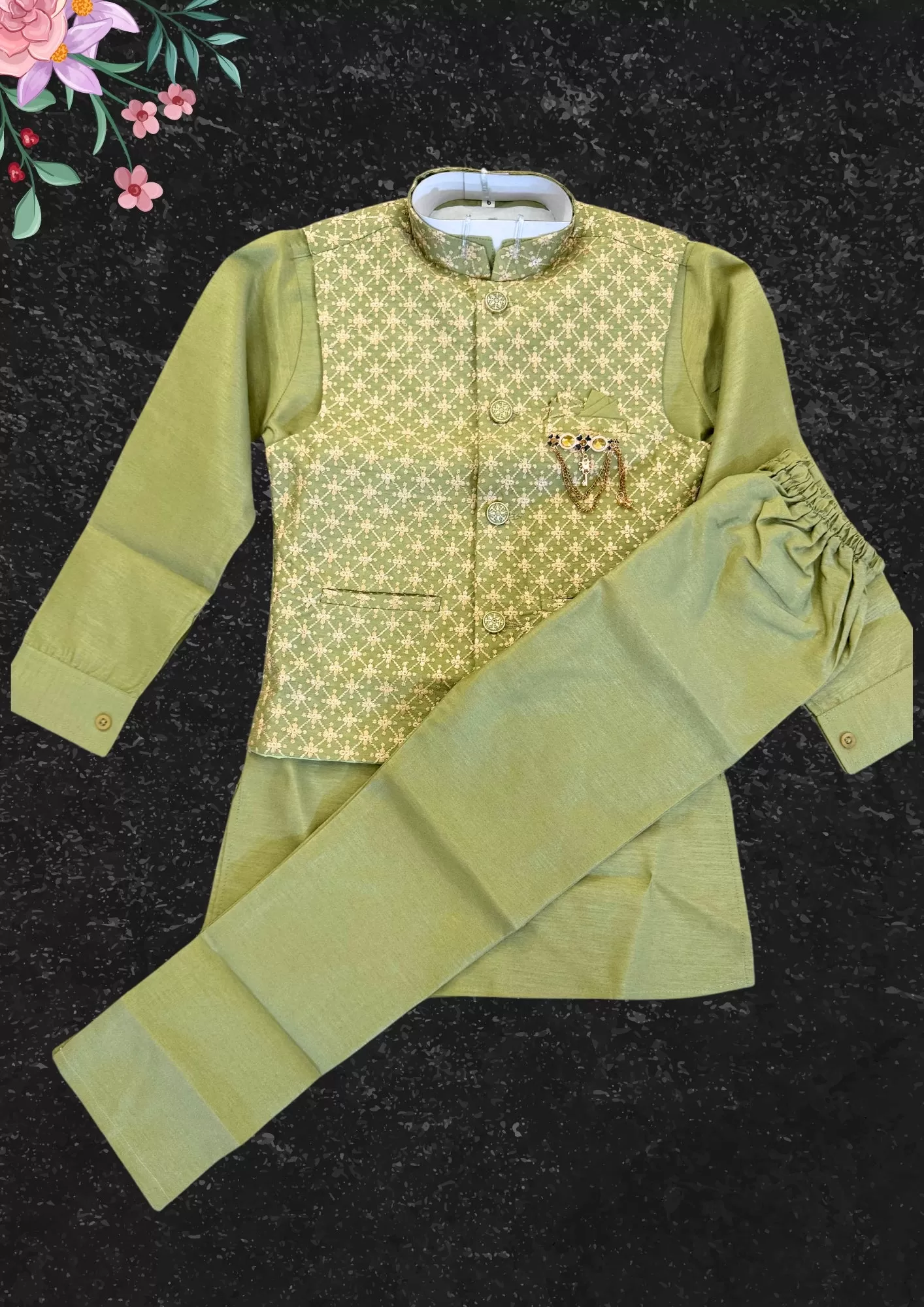 Alluring Light Green Color Silk Cotton Kid's Kurta With Embroidery Jacket And Pant