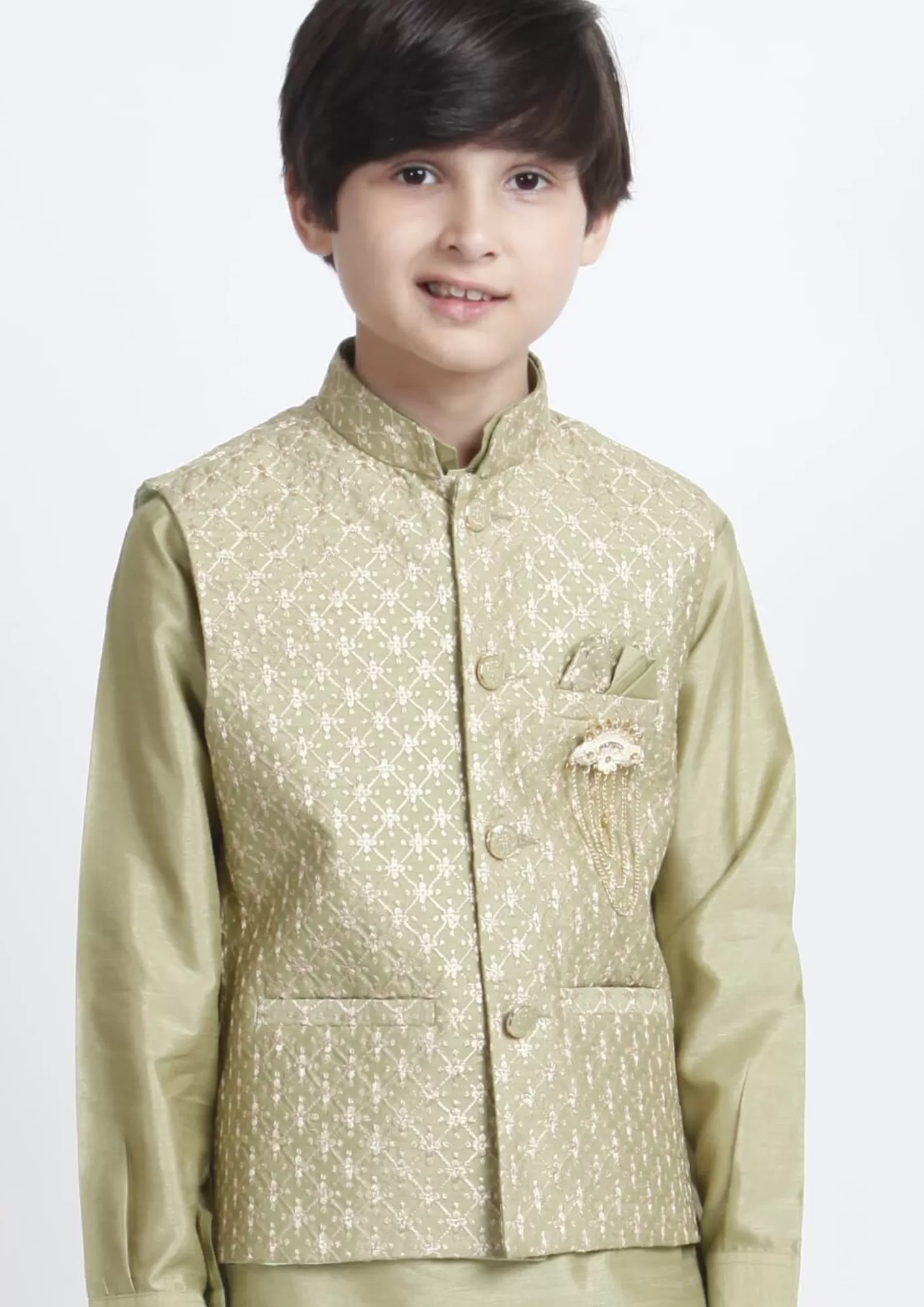 Alluring Light Green Color Silk Cotton Kid's Kurta With Embroidery Jacket And Pant