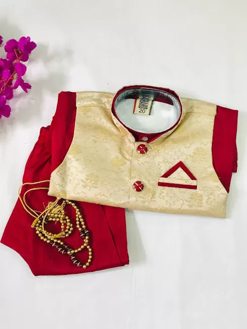 Appealing Maroon Color Boys Kurta Pajama Sets With Pearl Mala