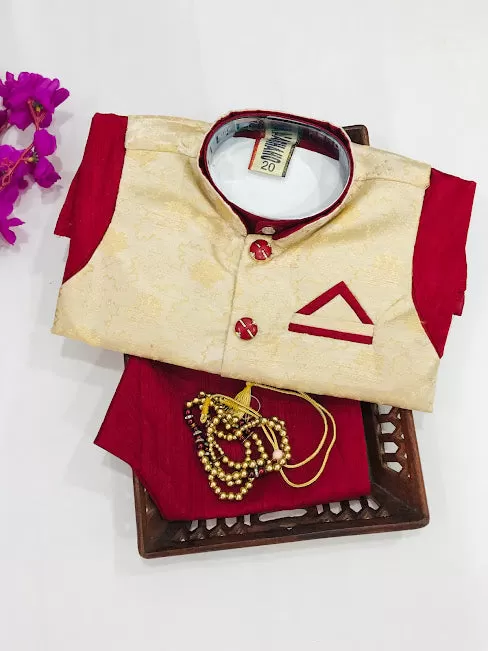 Appealing Maroon Color Boys Kurta Pajama Sets With Pearl Mala