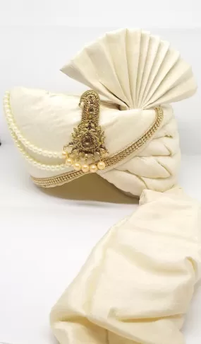 Attractive Off White Colored Dupion Silk Turban With Pearl Beads