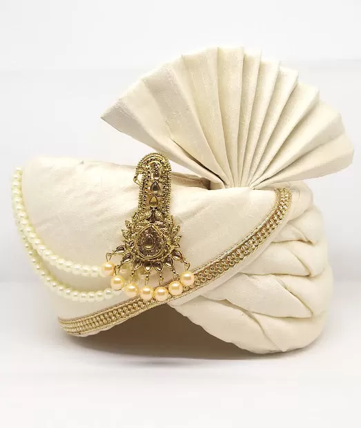 Attractive Off White Colored Dupion Silk Turban With Pearl Beads