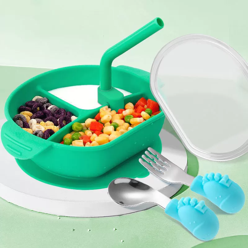 Baby Hygienic Silicone Dinner Plate With Straw （Includes spoon and fork）