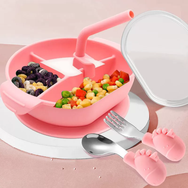 Baby Hygienic Silicone Dinner Plate With Straw （Includes spoon and fork）