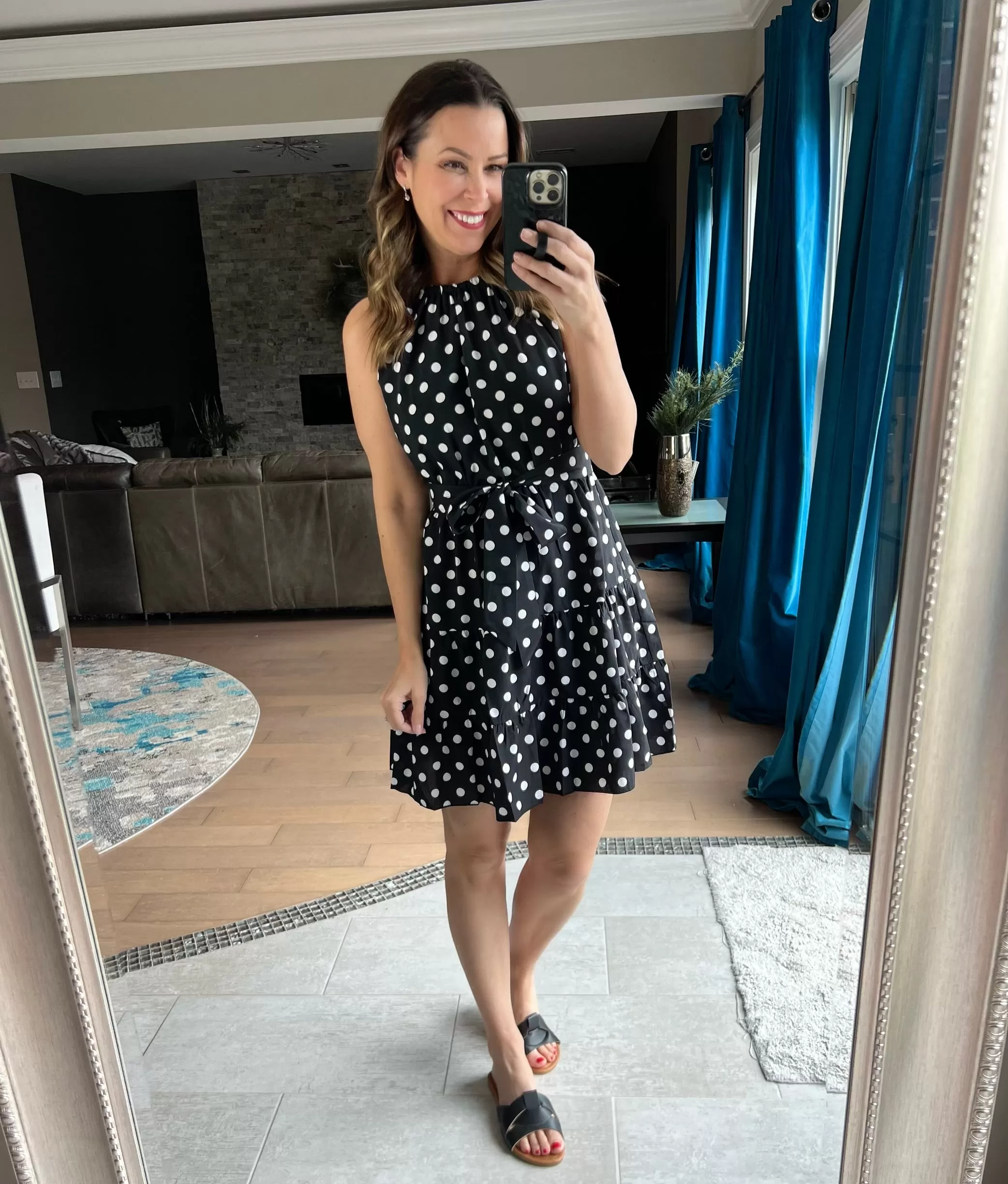 Black Polka Dot Halter Neck Ruffle Dress