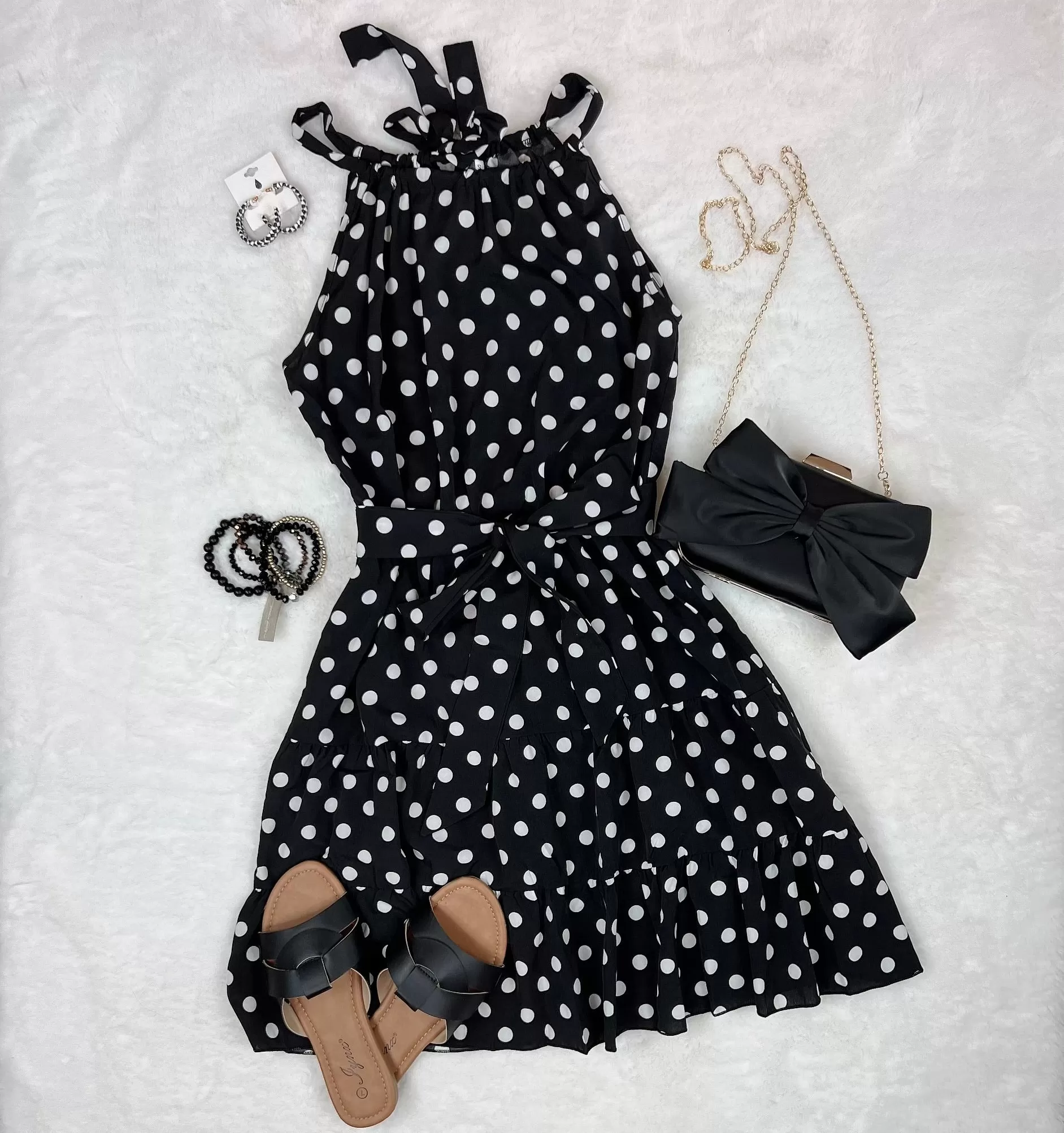 Black Polka Dot Halter Neck Ruffle Dress