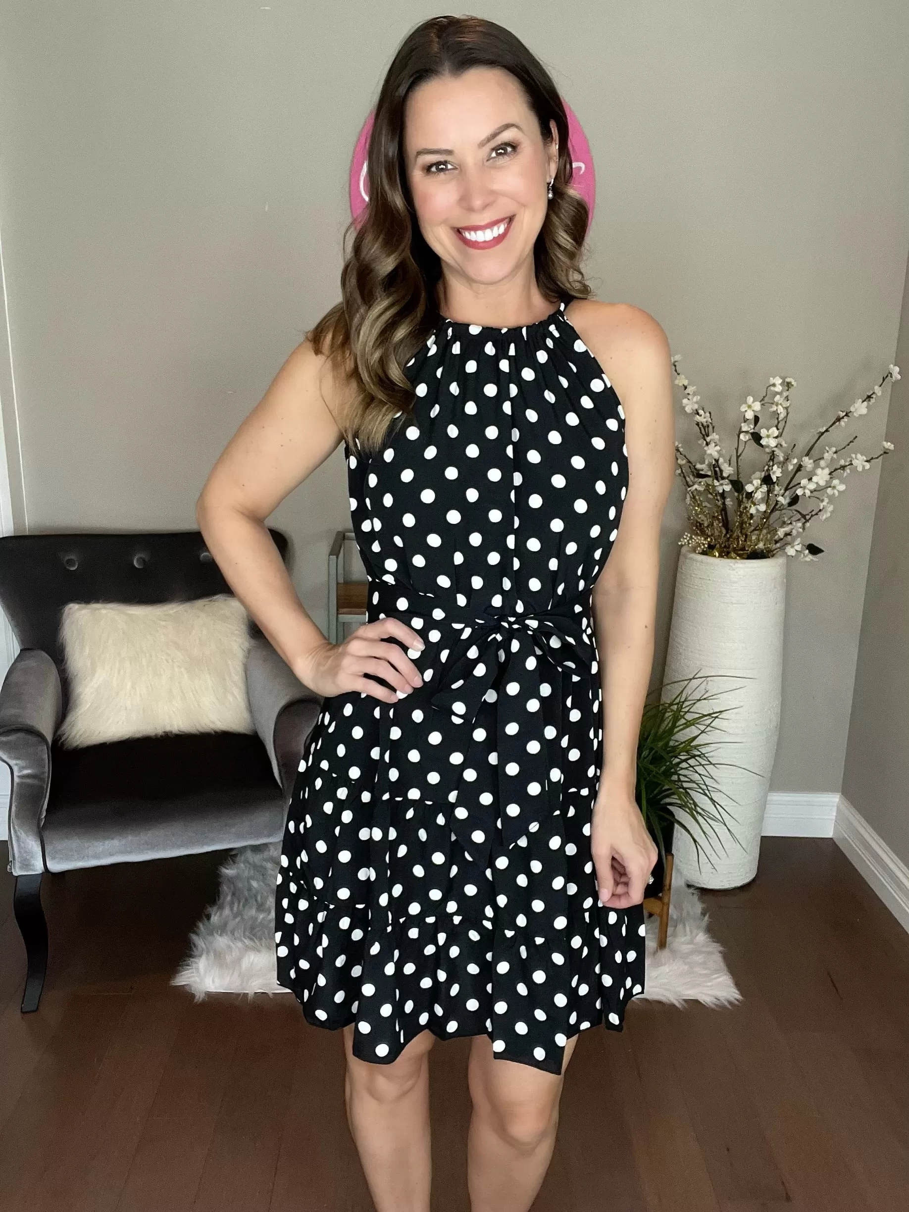 Black Polka Dot Halter Neck Ruffle Dress