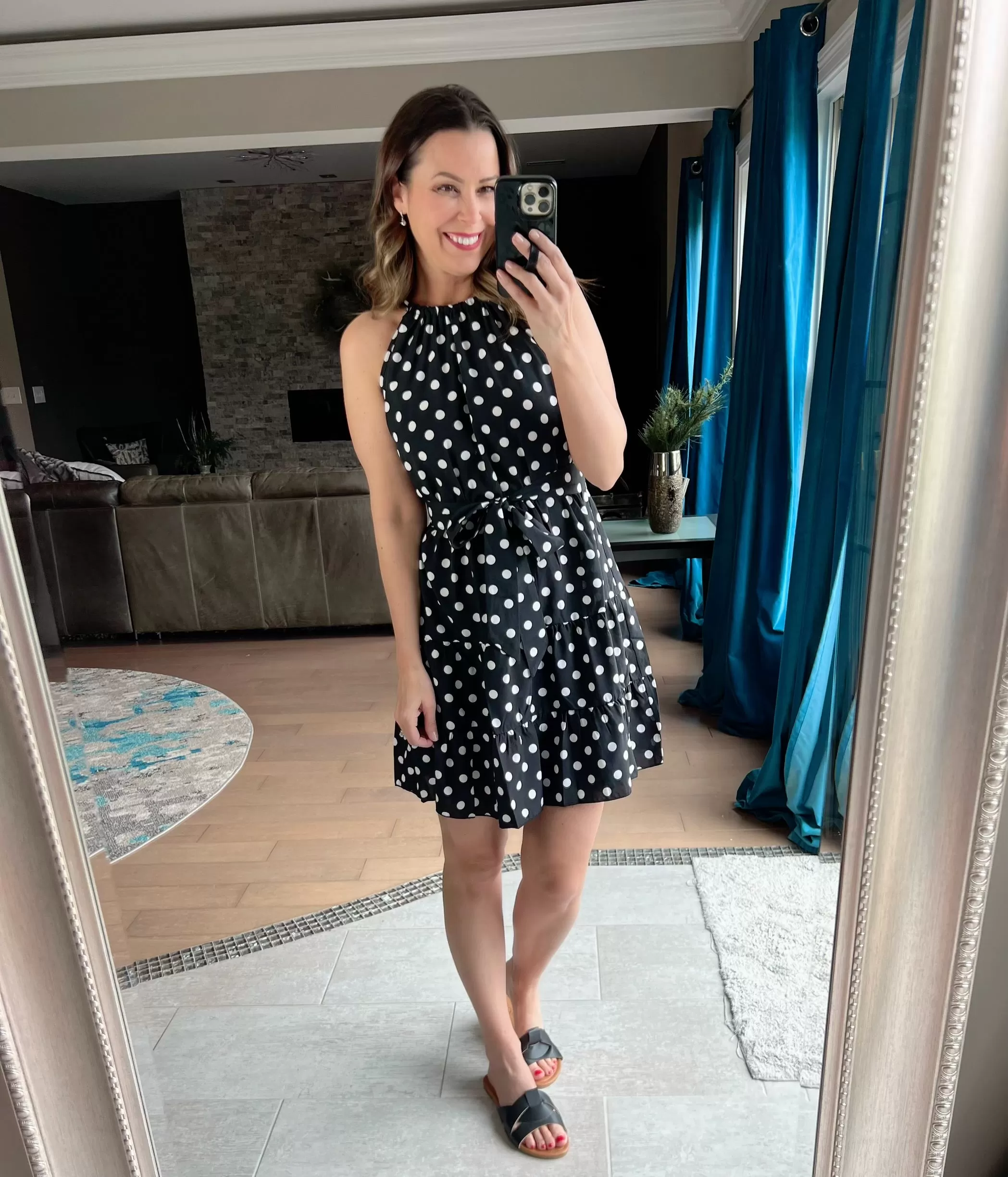 Black Polka Dot Halter Neck Ruffle Dress