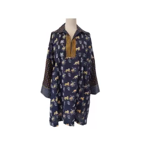 Blocked Navy Tiger and Elephant Print Kurta | Like New |