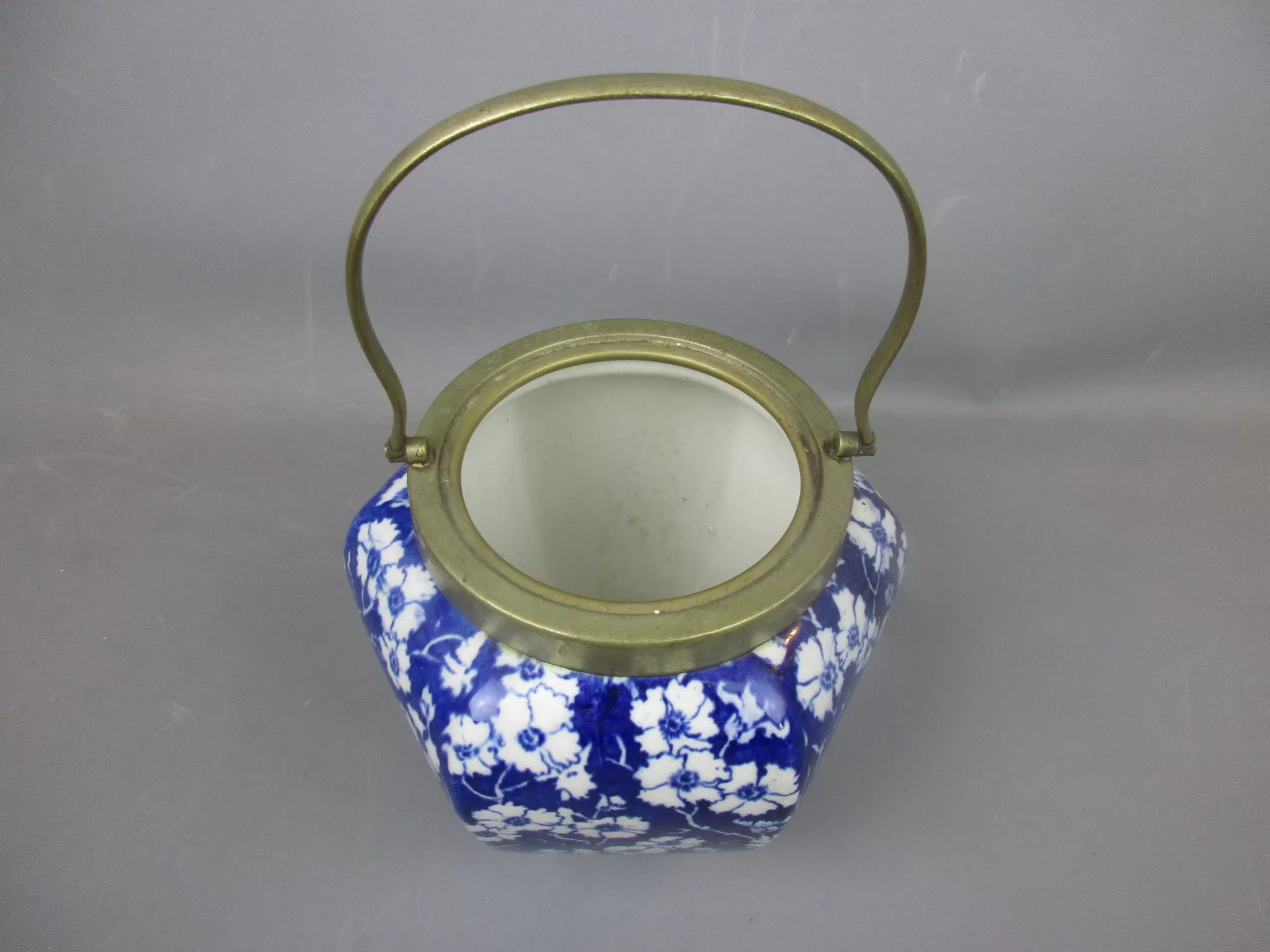 Blue & White Floral Design Transfer Ware Biscuit Barrell Antique c1930