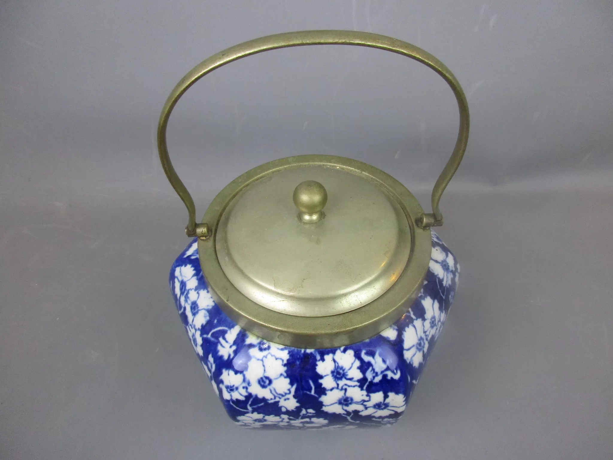 Blue & White Floral Design Transfer Ware Biscuit Barrell Antique c1930