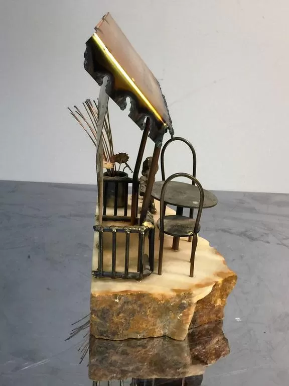 Brutalist Ice Cream Parlor Sculpture on Jagged Onyx Base