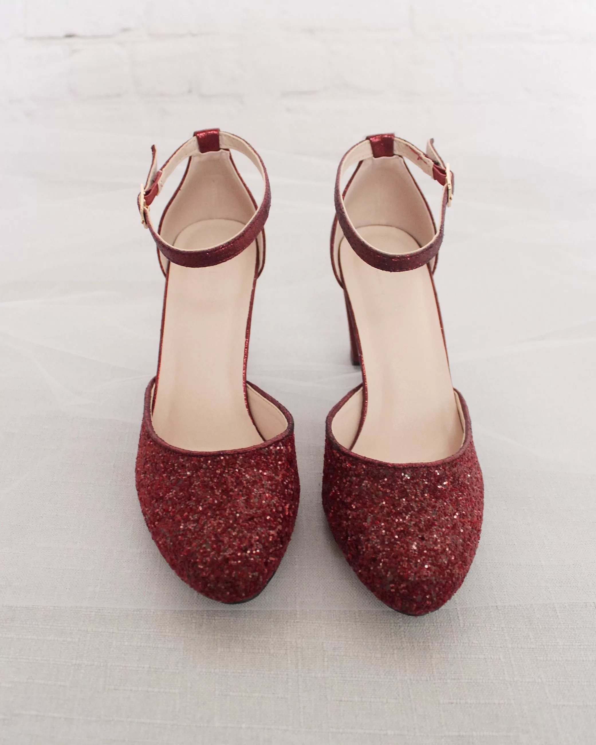 Burgundy Rock Glitter Block Heel with Ankle Strap