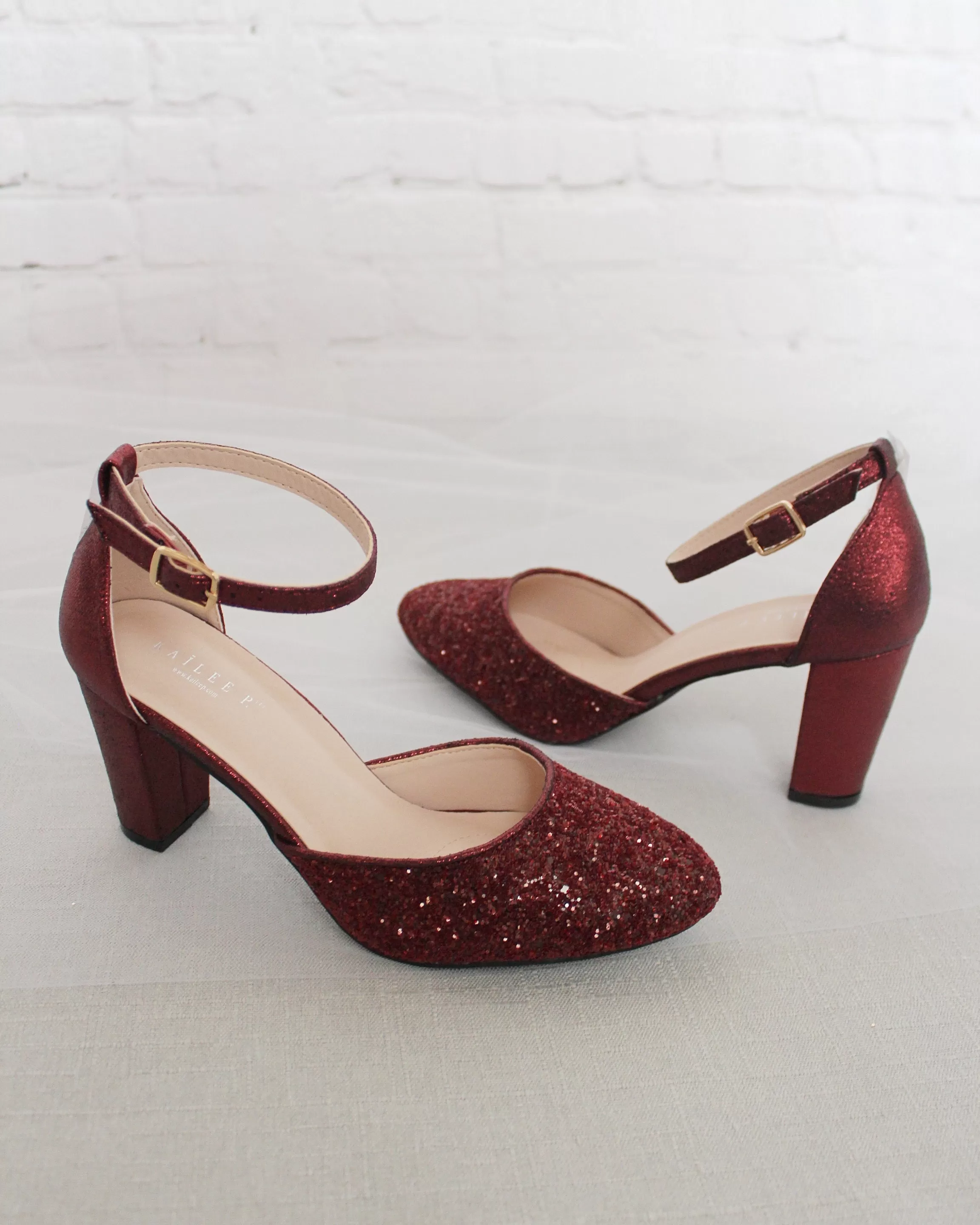 Burgundy Rock Glitter Block Heel with Ankle Strap