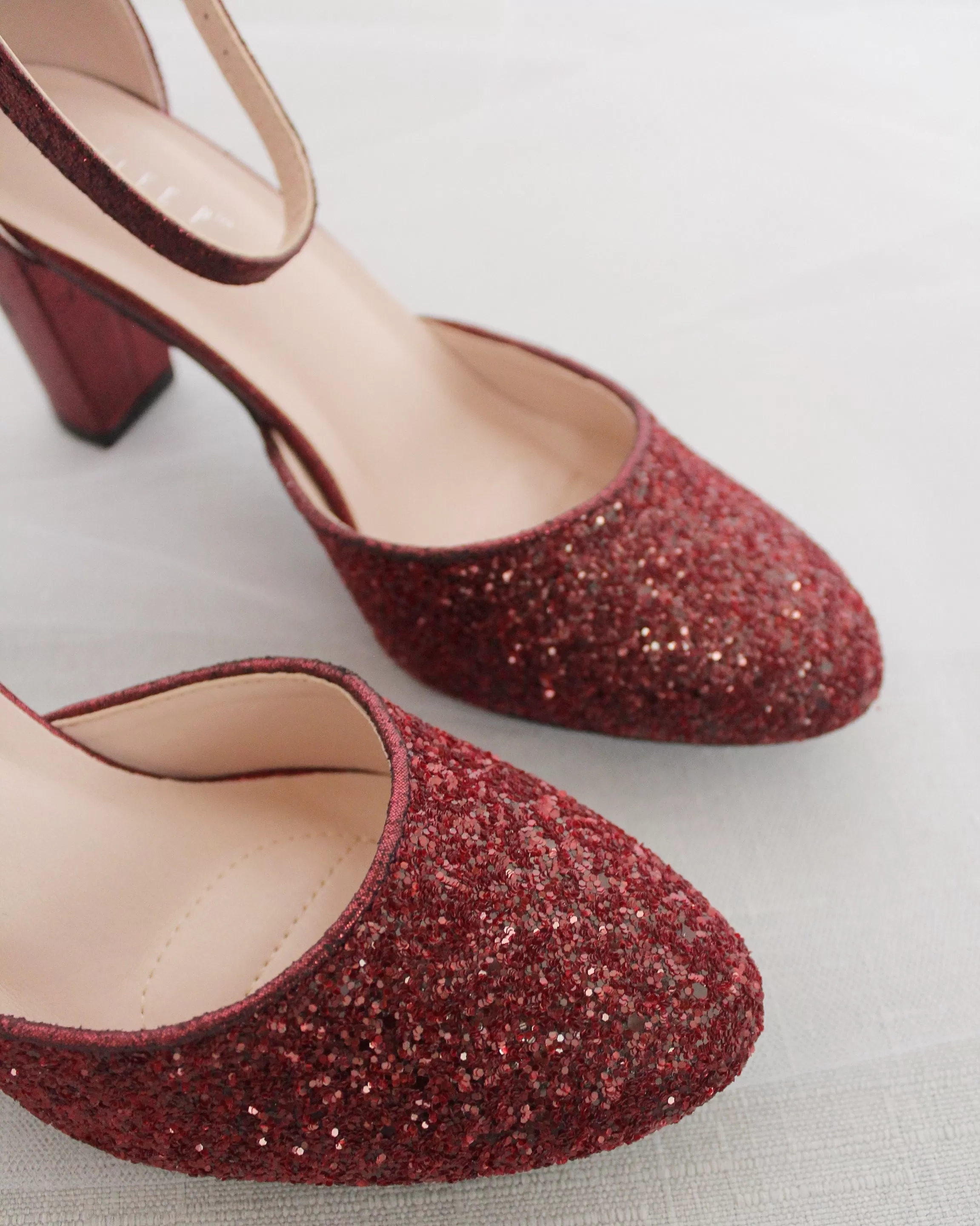 Burgundy Rock Glitter Block Heel with Ankle Strap